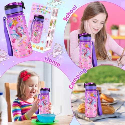HGRGHH Licorne Bricolage Gourde, 600 ml Fille DIY Gourde, Kit de Loisir Créatif Enfant, Jeux Créatif Fille 5 6 7 8 9 10 Ans pour Cadeau Noël Anniversaire Cadeau, Sans BPA avec Autocollants, Porte-clés