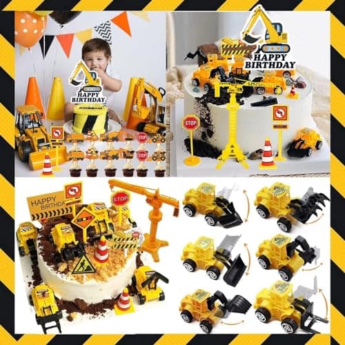 QXNDXQ 17 Pièces Décoration Gâteau Véhicule de Construction,Décorations de Gâteau D'excavatrice,Deco Gateau Tracteur,Panneau de Signalisation Cupcake Toppers,Decoration Gateau Anniversaire Garcon
