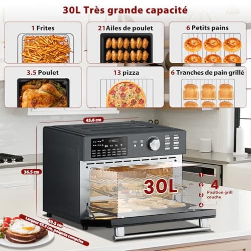 Oimis Friteuse à Air Chaud Sans Huile Four 30L,Gris, 1800W avec 21 Programmes Prédéfinis, Rôtissoire,Déshydrateur, 6 Accessoires, Recettes(NO Panier Rotatif)