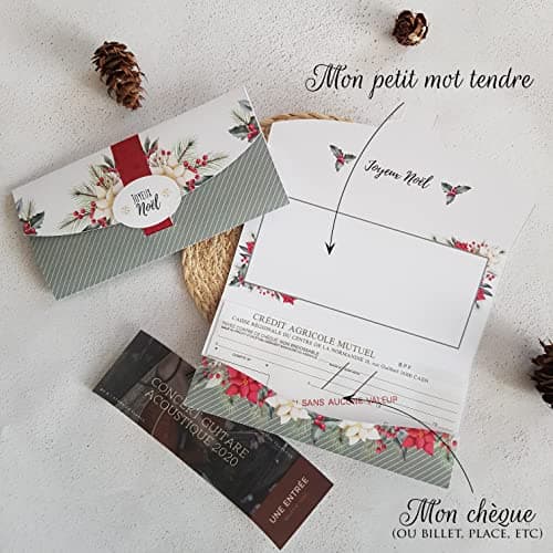 Enveloppe Noël Pochette carte cadeau pour chèque, argent, bons cadeaux (vouchers, billets d'avion, concert, soins), carte à offrir (motifs Noël Florale)