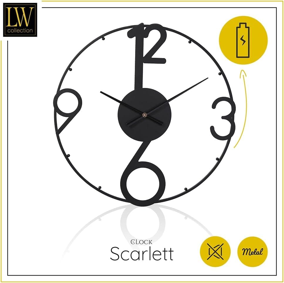 LW Collection Grande Horloge Murale Scarlett Noir 60 cm - Industrielle en Métal - Moderne - Mouvement Silencieux