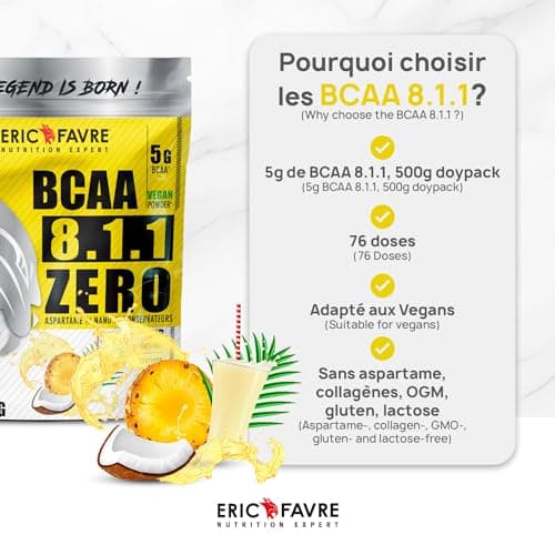 BCAA POUDRE 8.1.1 Zero - Acides Aminés Musculation Vegan - Votre Allié Pour Des Entrainements Efficaces - Performance Accentuée - 500 Gr - Laboratoire Français Eric Favre (Blue raspberry)