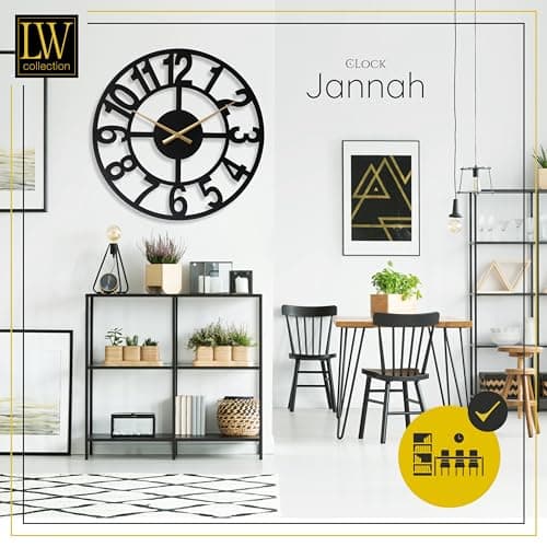LW Collection Horloge Murale Jannah Noir avec Aiguilles dorées 80 cm - Grande Horloge Murale Industrielle en Métal - Horloge Murale Moderne - Mouvement Silencieux - Horloge Silencieuse