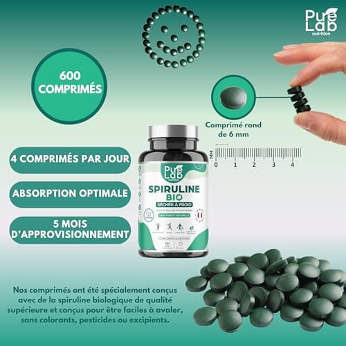 Spiruline Bio - 600 Comprimés Vegan, Cure 5 Mois - 21% Phycocyanine, 66% Protéines - Séchée à Froid - Antioxydant, Energie, Immunité - Sans Excipient ni Additif - Fabriqué en France