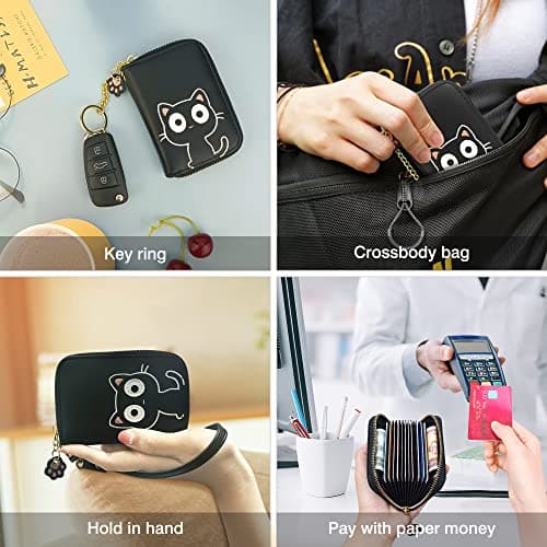 conisy Mignon Porte Cartes de Crédit en Cuir pour Femmes, Protection RFID Petit Portefeuille Fermeture Eclair avec Porte-clés (Chat Noir)
