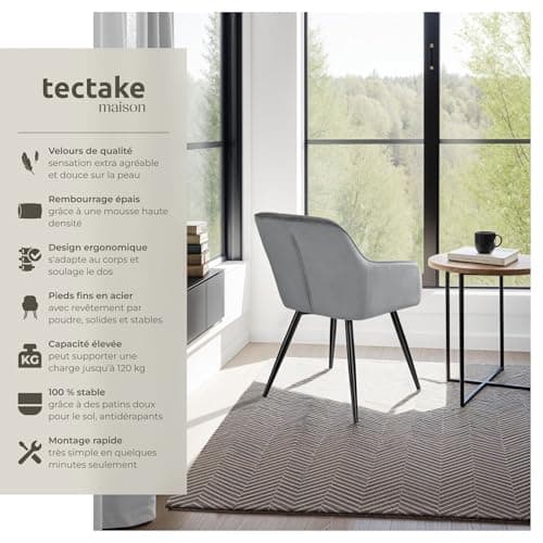 TecTake® Lot de 6 Chaises de Salle à Manger Chaises Rembourrées Fauteuil Salon Design Scandinave Pieds en Metal Noirs Élégant avec Accoudoirs Chaise Coiffeuse, Chambre, Salon, Bureau, Cabinet