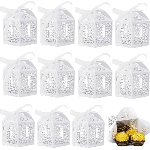 HEKOBAG 50 Pièces Boites à Dragées, Boîte à Bonbon Mariage avec 50 Rubans, Boîte Cadeau Mariage, Petite Boîte Emballage Cadeau pour Mariage, Communion, Baptême, Baby Shower, Noël (5x5x8cm)