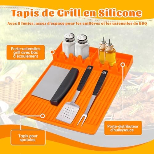 Tapis de Cuisson Barbecue, Ustensiles Barbecue Compatible avec Grille à Gaz, Tapis de Spatule en Silicone Tapis d’Etagère Latérale pour BBQ Grills Comptoirs (Orange Epais)