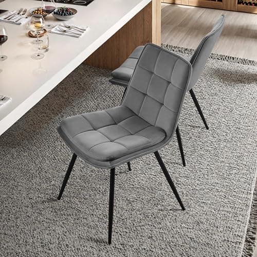 STOOLINK Lot de 2 Chaise Salle à Manger, Chaise de Salle à Manger en Velours, Moderne Chaise de Salle Rembourrée, Chaise de Cuisine sans Accoudoirs Design en Damier pour Cuisine, Salon - Gris
