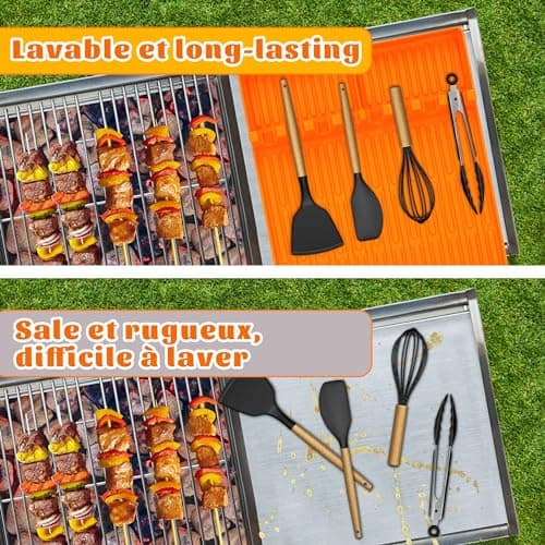 Tapis de Cuisson Barbecue, Ustensiles Barbecue Compatible avec Grille à Gaz, Tapis de Spatule en Silicone Tapis d’Etagère Latérale pour BBQ Grills Comptoirs (Orange Epais)