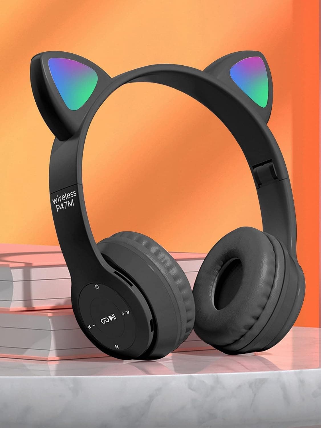 Casque Bluetooth Enfant, Casque sans Fil avec Oreilles de Chat Lumineuses | Casque Audio Pliable LED, Contrôle du Volume de 85dB pour Fille et Garçon 7+