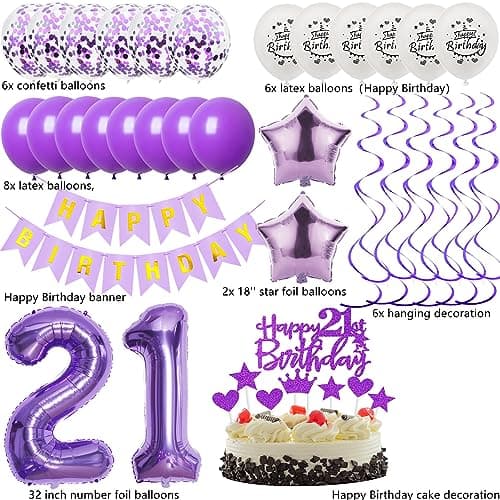 Décoration 21 Ans Anniversaire Femme Violet - Ballons Lilas et Gâteau pour Fête