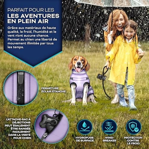 TRESKO® Manteau d'hiver pour Chiens avec réflecteurs INCL. 15 Sacs à crottes + Distributeur | Imperméable pour Chiens étanche | Manteau avec Harnais | Veste d'hiver doublée (L, Violet)