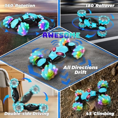 IEEILULU Voiture Télécommandée Enfant, RC Stunt Auto avec Commande Manuelle, Voiture Télécommandée Tout Terrain avec Musique et Lumières, 360° Rotation Drift Car, Cadeau pour Enfants de Plus de 6 an