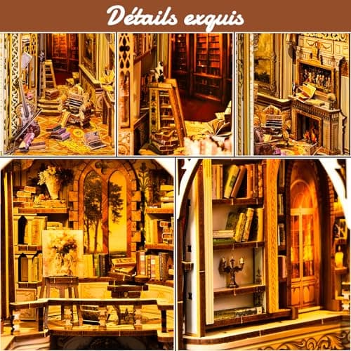 BuzzoXerex DIY Book Nook, Miniatures Nook avec Housse de Protection, Miniatur Haus Selber Bauen avec Lampes LED, Maquette en Bois a Construire avec Meublé (Bibliothèque du Palais)