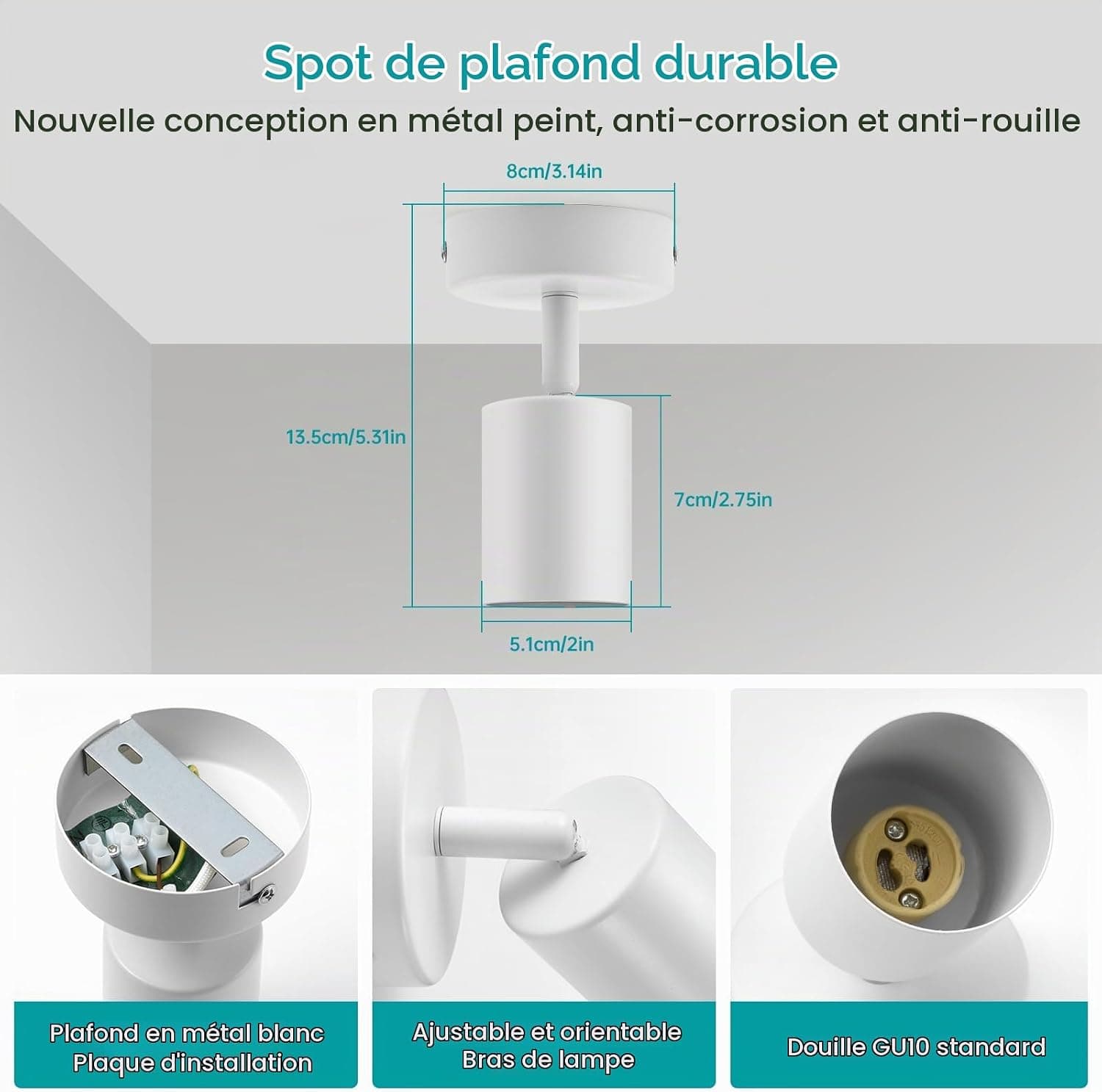 wowatt 2 pcs Spot Interieur Plafond Blanc Gu10 Lampe Orientable San Ampoule | Applique Spots Pivotant, Luminaire Plafonnier Moderne, Éclairage de Plafond pour Chambre Salon Salle à Manger Cuisine Couloir