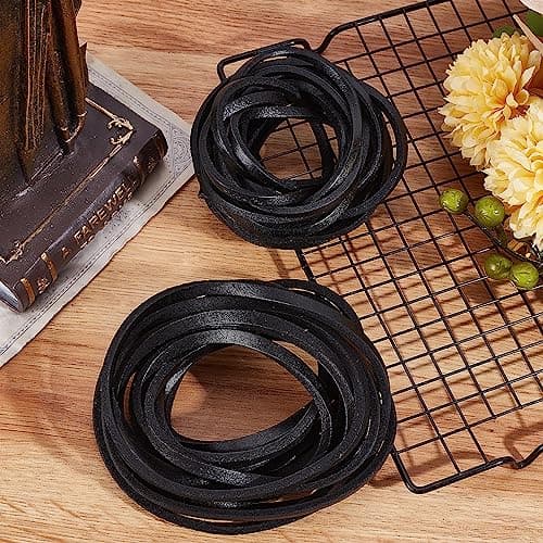 GORGECRAFT 5 m Lacet Plat en Cuir 7 mm de Large Cordon en Cuir Véritable Cordon de Tressage Noir Bandes de Cuir Brillant Perles Sangle Fils pour Bricolage Cuir Artisanat Collier Bracelet Bijoux