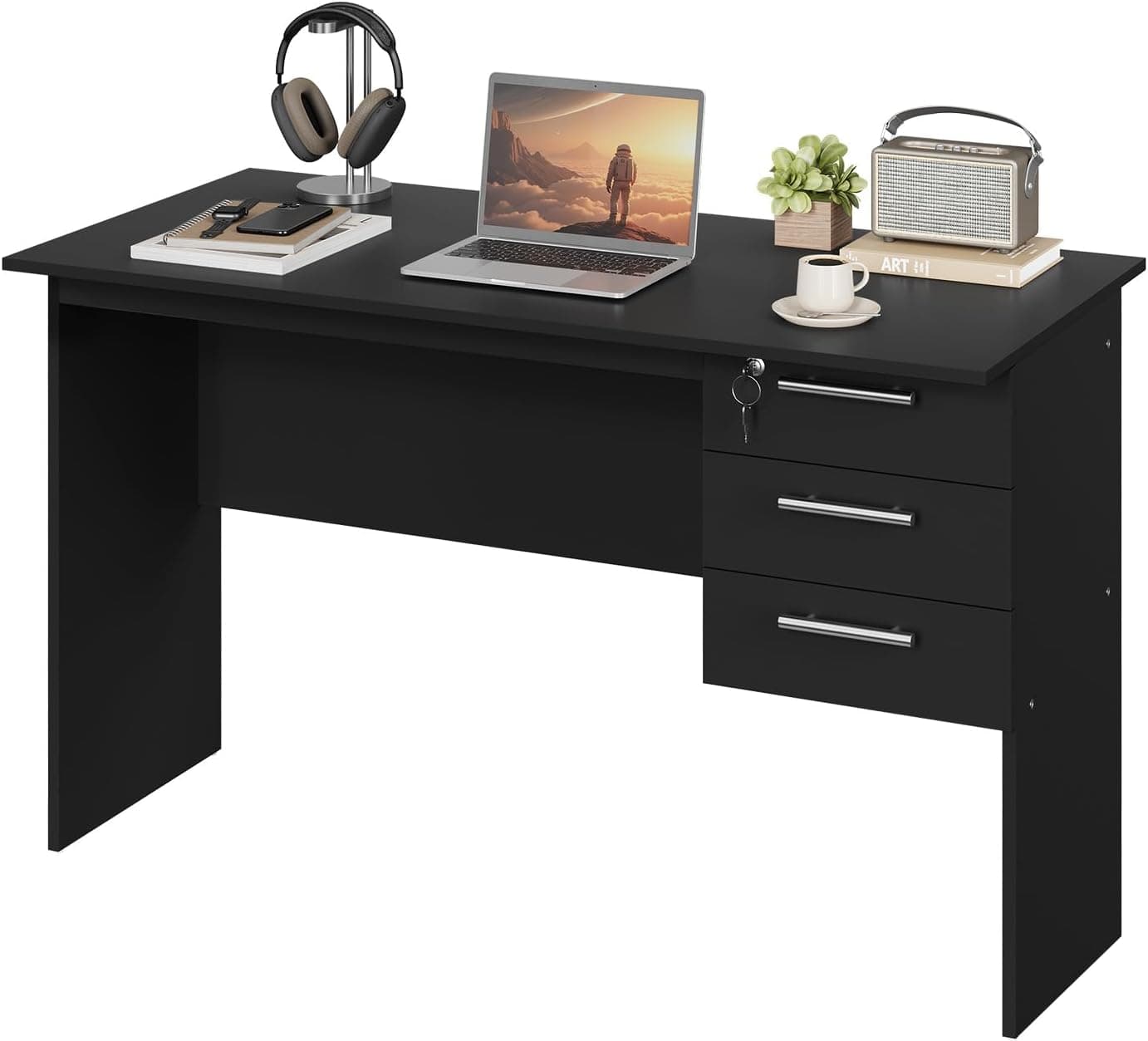 WOLTU Bureau d'Ordinateur avec 3 Tiroirs Noir, Table de Travail PC, 120x60