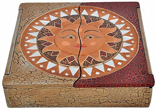 woru Boîte en bois d'albizia léger, peint à la main, Bouddha ou soleil (soleil)
