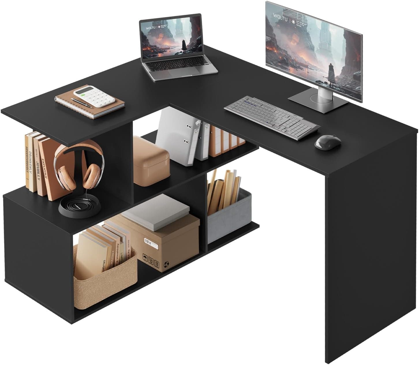 WOLTU Bureau d'angle en L, Bureau d'Ordinateur avec Rangement, Noir
