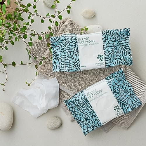 Lingettes humides à l'huile d'arbre à thé - 216 lingettes (6 packs) | Nettoyant pour la transpiration, la saleté et le maquillage | Hydratantes et rafraîchissantes | Hygiène nomade | Biodégradables