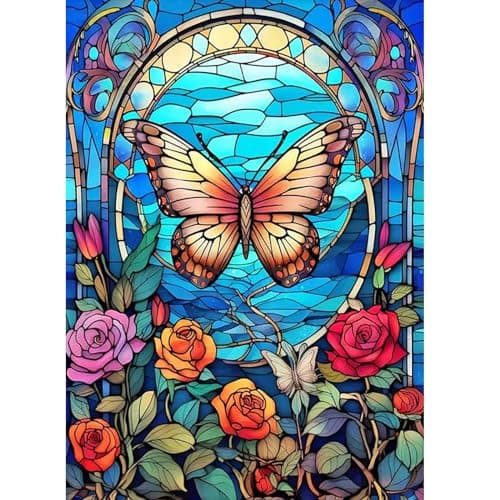 AIRDEA Vitrail Rose Papillon Peinture Diamant, 5D DIY Broderie Diamant Painting Kit Complet, Artisanat Strass Point de Croix Painting pour Adultes debutant, Murale Décoration 30x40cm