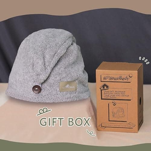 myHomeBody Serviettes de Cheveux, Turban de Luxe Anti-frisottis à séchage Rapide, Fibre de Charbon absorbante Ultra-Douce et à séchage Rapide, accompagnée de Boutons Gris de Noix de Coco