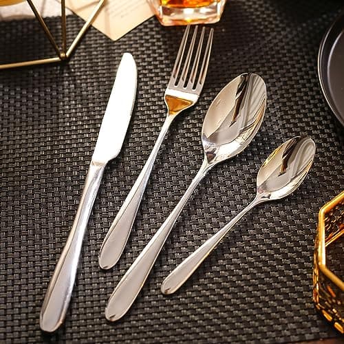 CAOPAOTI Ensemble couverts de table 24 pièces, Service de couvert acier inoxydable pour 6 personnes, Set ménagére avec steak couteau et fourchette cuillère, passe au lave-vaisselle et poli miroir
