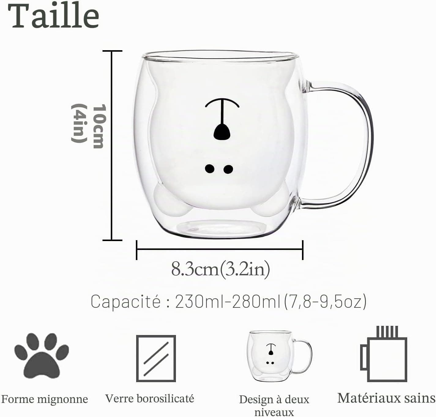 Tasses Ours Mignon Ours mignon de tasses Tasse à thé avec poignée Tasse à lait 250 ml Tasses à expresso en verre isolé à double paroi Verre Cadeau pour Anniversaire Saint Valentin et Bureau