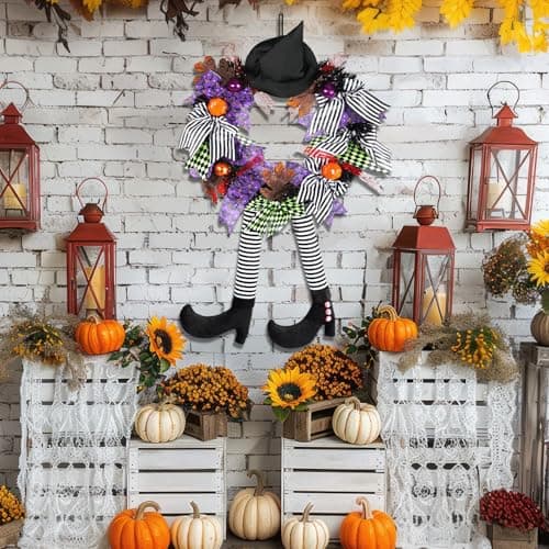 NEMMXUB 35cm Couronne Halloween, Guirlande de Sorcière, Couronne de Porte Halloween, Couronne de Sorcières Chapeau de sorcière Couronne de citrouilles,pour Cour,l'arbre,Porche Décor Murales Fenêtres