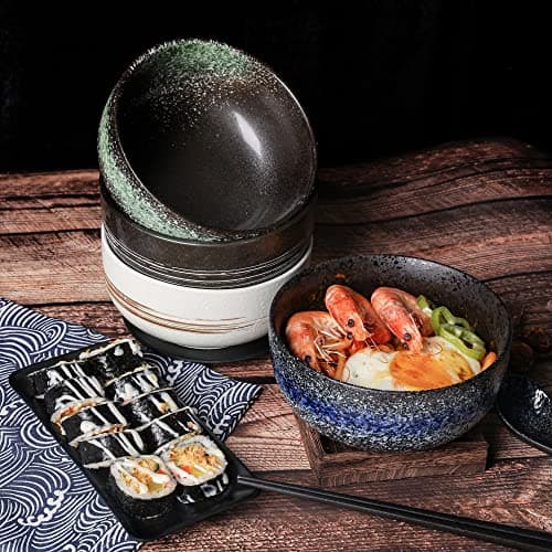 Cteahrow Bol à ramen en céramique 2 ensembles (8 pièces) avec baguettes cuillère, grand bol à soupe 1100 ML, bols à salade pour soupe, pho et bol à sushi (Ensemble de 2 bols bleus)