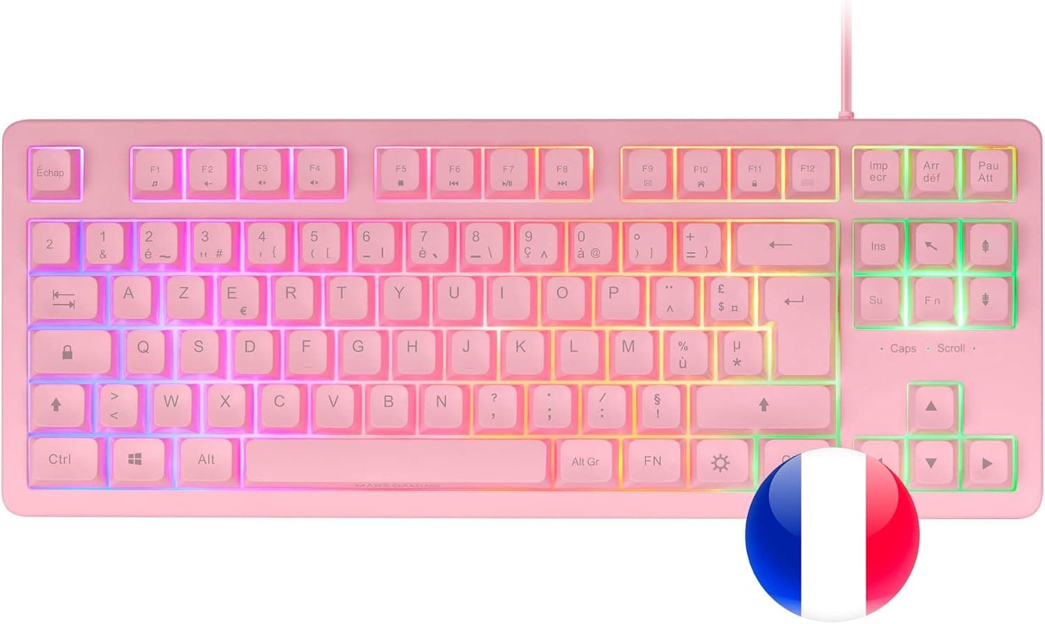 Mars Gaming MK023, Langue Français, Clavier Gaming TKL, Technologie Hybride H-Mech, Éclairage FRGB Rainbow, Anti-ghosting, Compatibilité Universelle, Rose