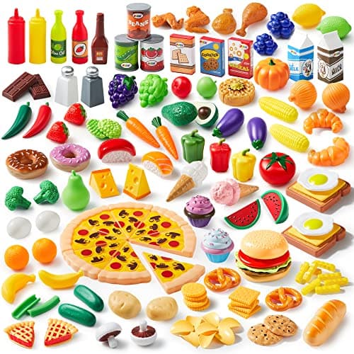 JOYIN Jeu de Cuisine 135 Pièces de Cuisine pour Marché Jeu de Simulation de Marché, Jeu de Cuisine, Accessoires de Cuisine Faux Aliments, Fournitures de Fête, Vacances
