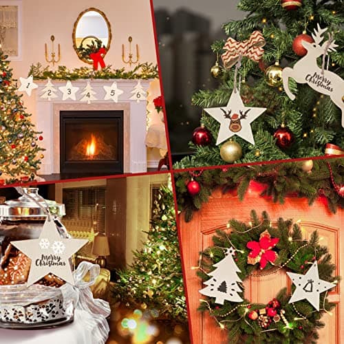 30 pcs Suspension Bois de Noël, Pendentifs en Bois Bricolage avec Ficelle pour Décorations Arbre de Noel(Sapin de Noël, étoiles et rennes)