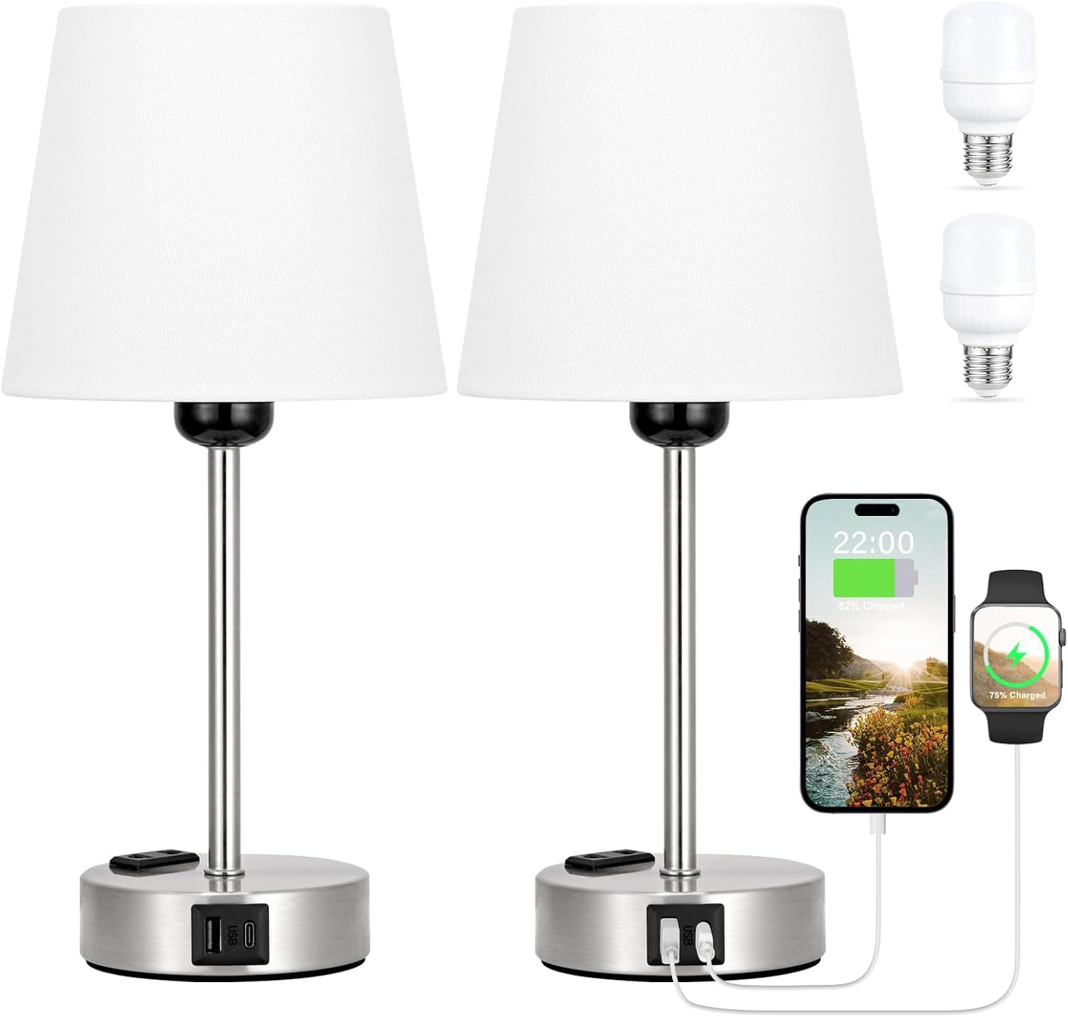 Kakanuo Lampe de Chevet Tactile avec Ports USB-A+C+Prise CA 2 Ampoules, 3 Intensité Variable, Abat-jour en Lin Blanc Base Argentée Givrée, Lampes de Table pour Chambre Salon D'enfant Bureau