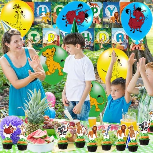 Syijupo Lion Thème Fournitures de Fête, 32 Pcs Décorations d'Anniversaire De Lion, Ballons,Décoration Gâteau,pour Enfant Anniversaire Déco