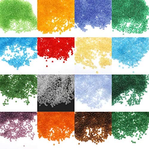 Lot de 6500 perles de rocailles en verre transparent de 2 mm - 17 couleurs - 11/0 - Perles poney - Mini perles transparentes pour enfants - Vert sapin
