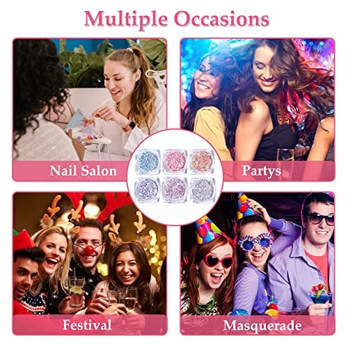 6 boîtes de poudre de paillettes pour ongles, poudre de paillettes avec pinceau éponge, paillettes exquises pour nail art, corps, visage, décoration de festival