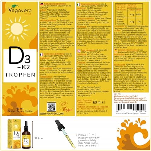 Vitamine D3 K2 Gouttes Vegavero® | VEGAN | 2000 UI Vitamine D3 + 25 μg Vitamine K2-MK7 | Haute Biodisponibilité et Dosage | Immunité + Santé des Dents et Os