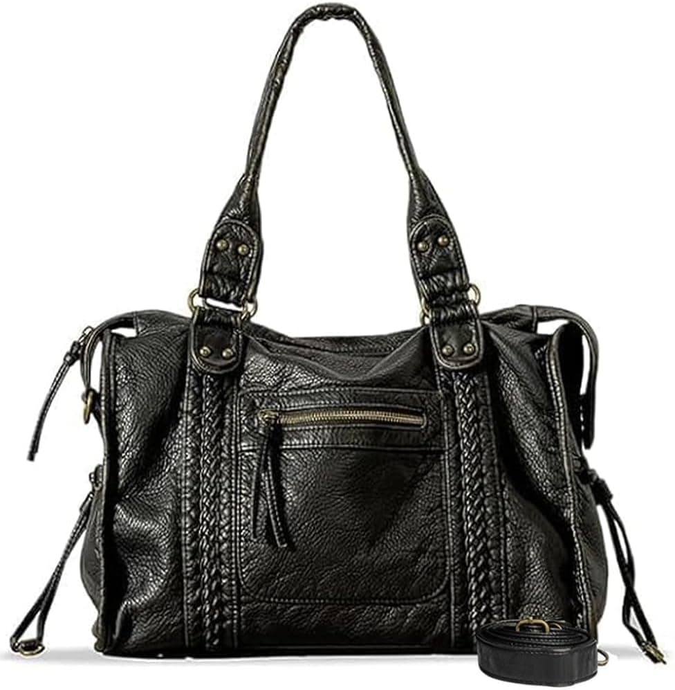 Sac a Main Femme Cuir PU, Sac a Main pour Les Cours Lycee College | Grand City Bag Vintage Noir, avec Bandoulière Réglable, pour École et Travail