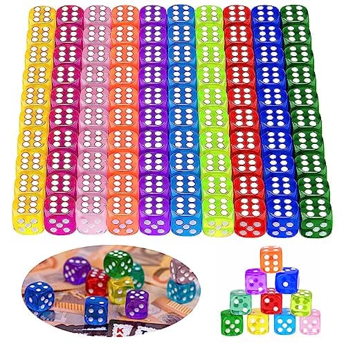 Glaxcidy 100 Pièces Désde 6 Côtés, 10 Couleurs Jeu de Dés Translucides, 14 mm Dés de Jeu en Acrylique, Dés d'angle Rond pour DND Dice Table Jeux, l'enseignement des Mathématiques, Jeux de Fête