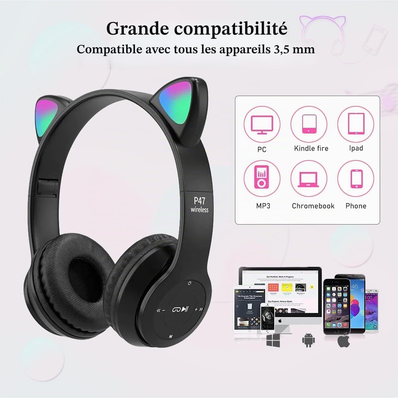 Casque Bluetooth Enfant, Casque sans Fil avec Oreilles de Chat Lumineuses | Casque Audio Pliable LED, Contrôle du Volume de 85dB pour Fille et Garçon 7+
