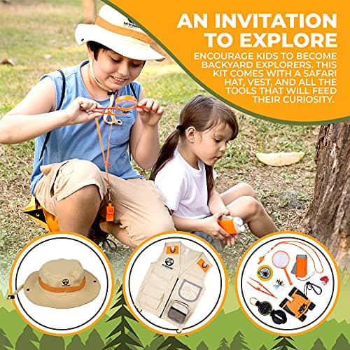 Kit Exploration Enfant avec Gilet Safari et Chapeau, Jumelles Enfant, Boussole Enfant, Loupe Enfant, Boite Loupe Insecte - Cadeau pour Les Garçons et Les Filles âgés de 3 à 12 Ans (Orange, 3-7)
