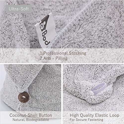 myHomeBody Serviettes de Cheveux, Turban de Luxe Anti-frisottis à séchage Rapide, Fibre de Charbon absorbante Ultra-Douce et à séchage Rapide, accompagnée de Boutons Gris de Noix de Coco