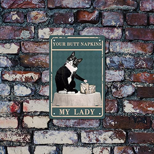 CREATCABIN Salle de Bain Chat Noir Plaque en Métal en Fer Blanc Affiches Vos Serviettes My Lady Art Print Rétro Vintage Étanche pour Toilettes Toilettes Mur Maison Maison Cafés Bar Cadeau Plaque Décor