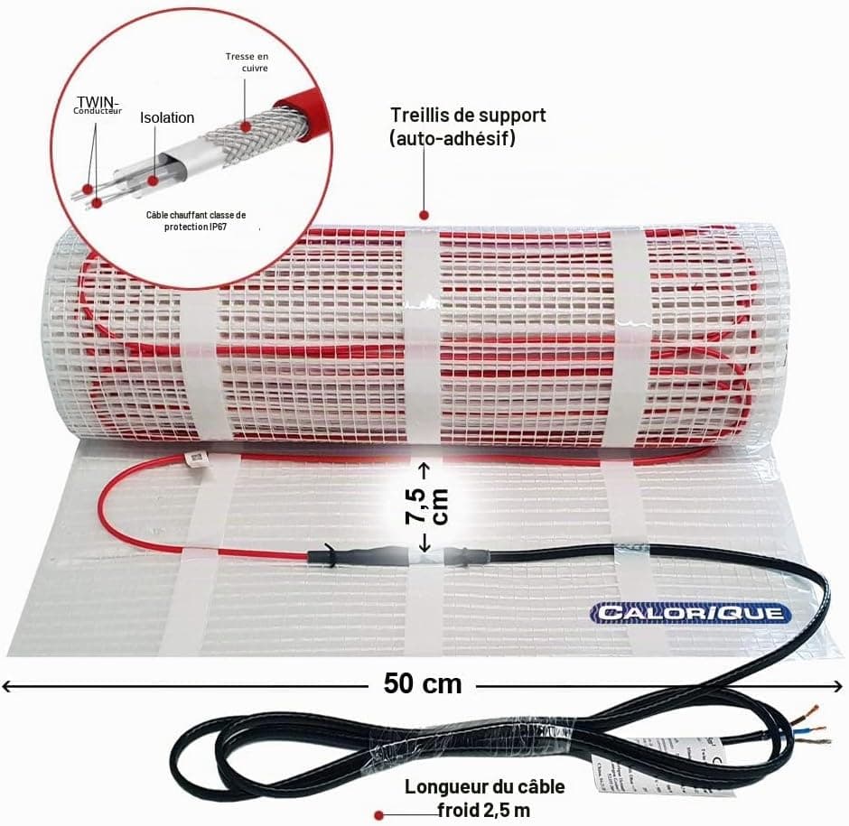 Tapis de câbles chauffants électriques CALORIQUE - 3,5 m2 - Chauffage au sol électrique efficace 200 W/m2- Technologie TWIN - Sources d'énergie renouvelables [A +++]