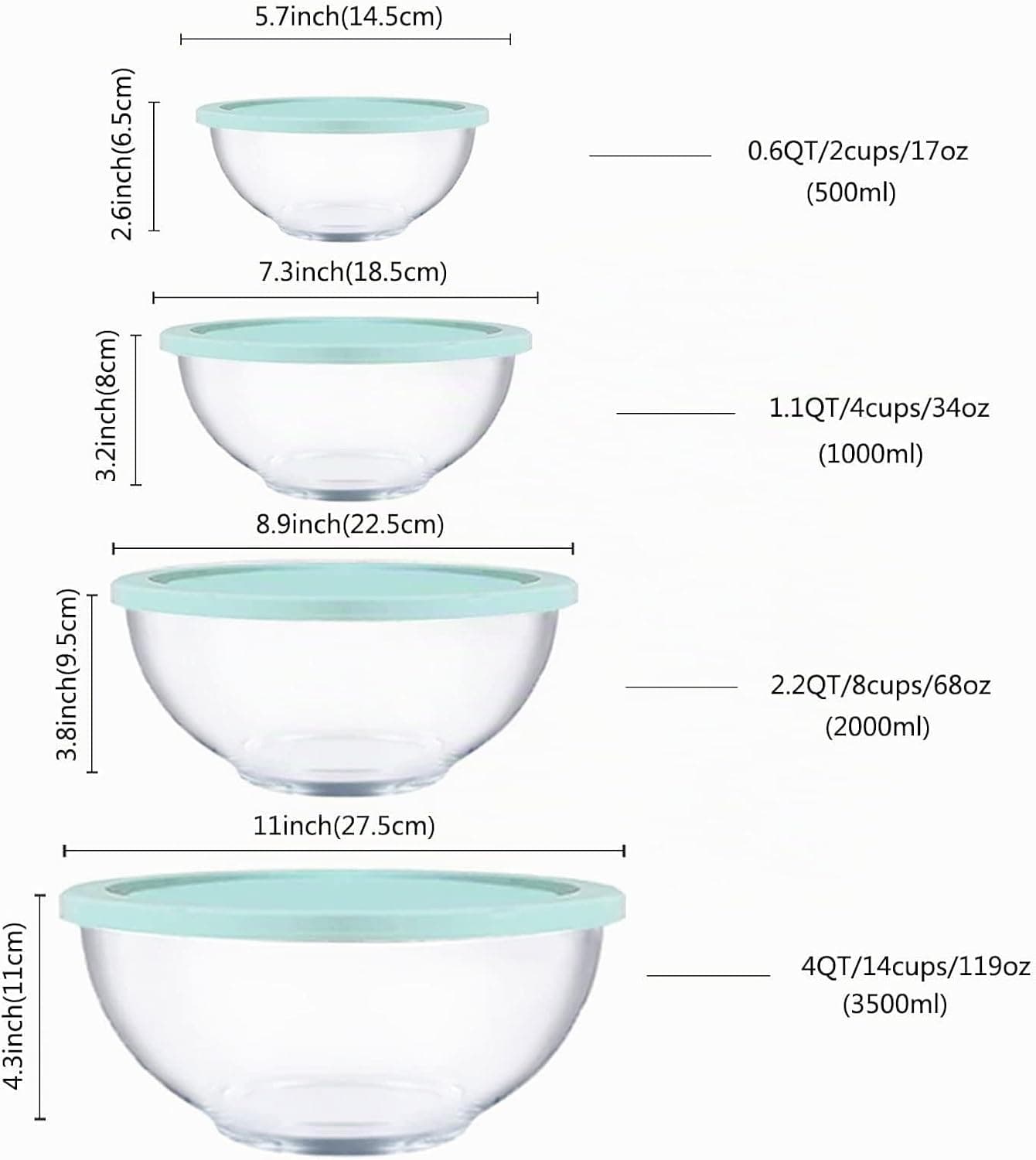 Homwin Lot de 4 Saladier Verre avec Couvercle Borosilicaté Résistant à La chaleur avec Couvercles (0,5L, 1,0L, 2,0L, 3,5L), Bol en Verre avec Couvercle peu Encombrants
