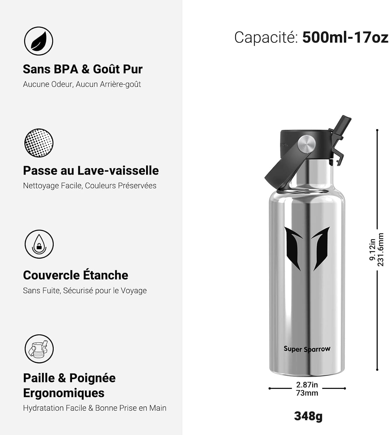 Sparrow Gourde Isotherme 500ml/750ml/1L/1.2L FlipFlow Bouteille Inox Paille | Bouteille d'eau, Acier Inoxydable, Étanche, Chaud, Froid, Sans BPA, Poignée, Lave-vaisselle, Sport, École, Fitness, Gym, Vélo