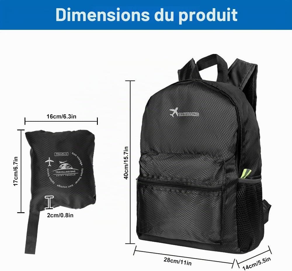 Sac à Dos Pliable Ultra Léger 15L, Noir Sacs à Dos de Randonnée Imperméable | Léger et Portable, pour Homme et Femme, Excursions, Escapades Urbaines, Shopping et Vacances