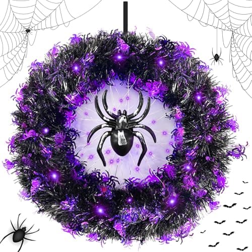 HYOJCWU 35cm Couronne Halloween, Guirlande de Décoration D'araignée d'halloween avec Lumières, Couronne Halloween Porte, Decoration Halloween pour Extérieur, Intérieur, Mur de Porte d'entrée